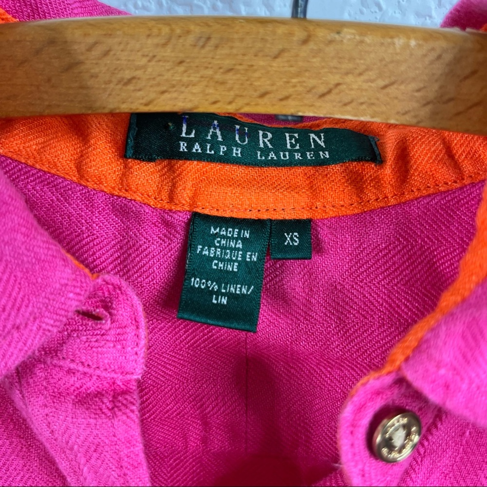 Lrl Linen Embroidered Crest Button Front Blouse - image 7